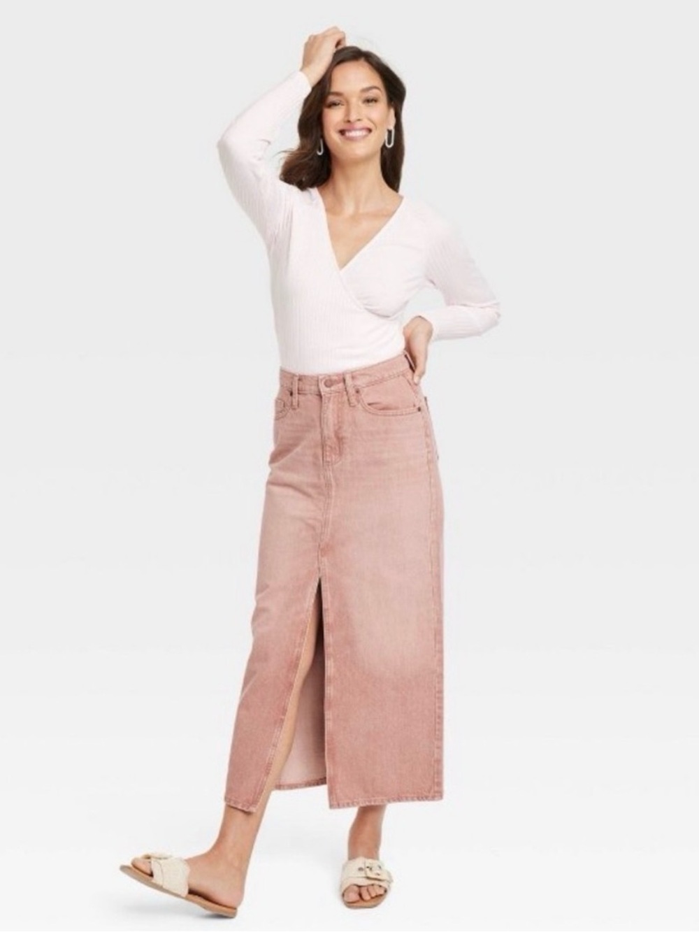 Universal Threads Women’s High-Rise Pink Denim Midi-Maxi Skirt with Front Slit